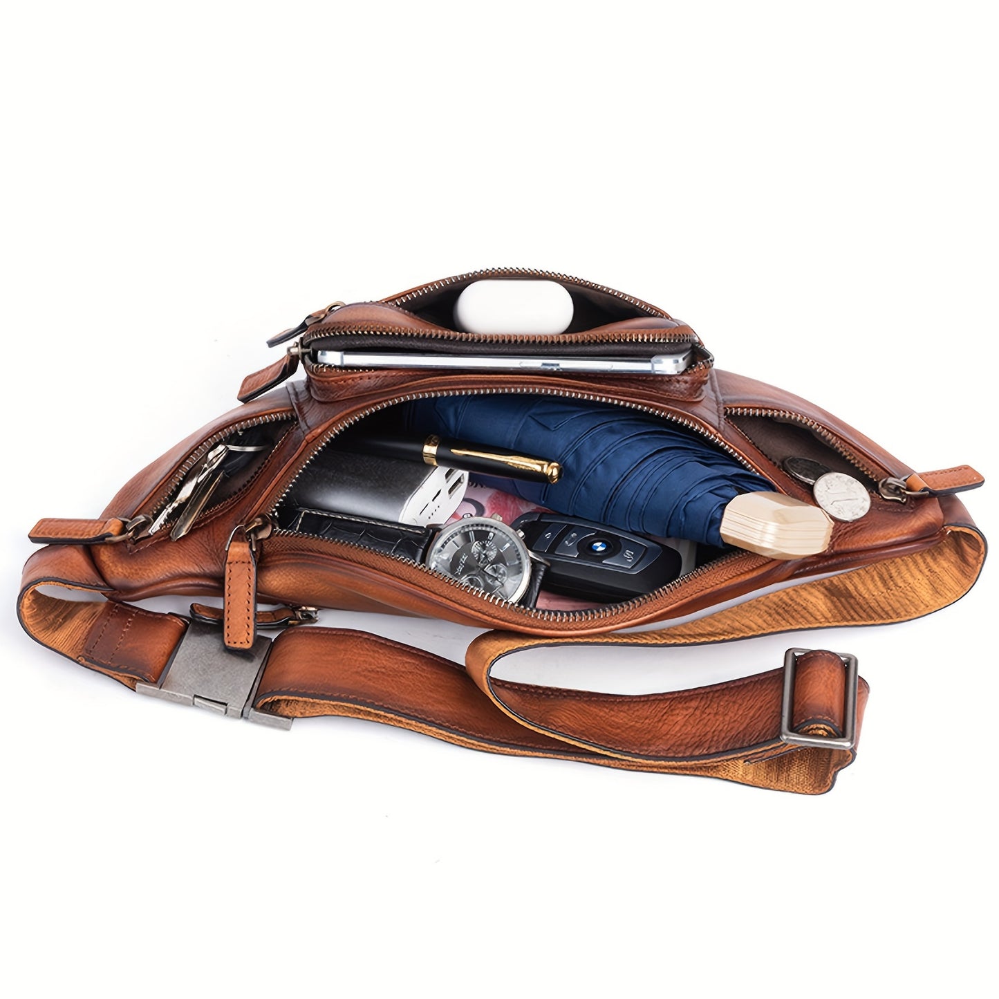Premium Genuine Leather Fanny Pack for Men & Women - Adjustable Sling Bag with Multiple Zipper Pockets, Brown Leather Crossbody Chest Bag