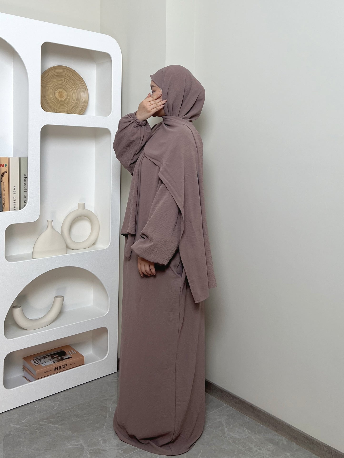 Elegant Crepe Hooded Jibab Abaya Hijab | Modest Long Sleeve Full Coverage Prayer Dress with Attached Scarf & Pockets, Machine Washable Medium Stretch Solid Color