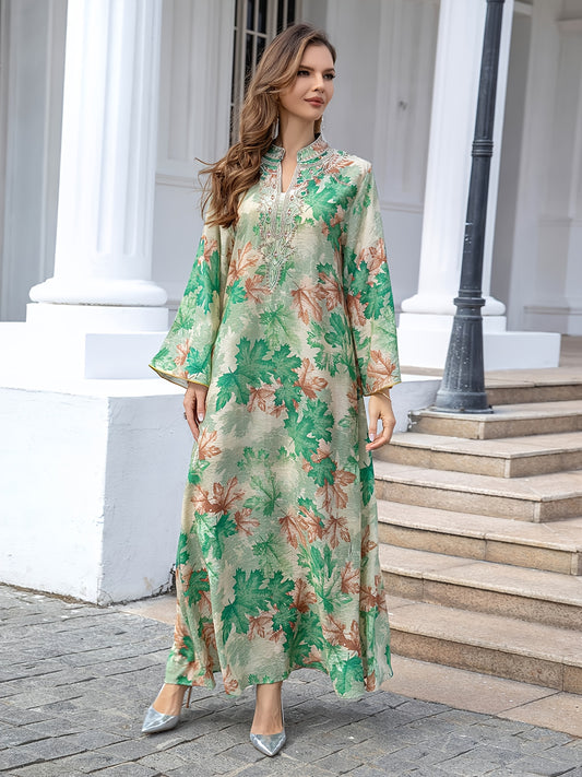 Women's Elegant Floral Baju Abaya Dress - Long Maxi robe with Flowy Loose Fit, Beige & Orange Floral Print Formal & Everyday Islamic Dress - Machine Washable Muslim Wedding Guest Outfit