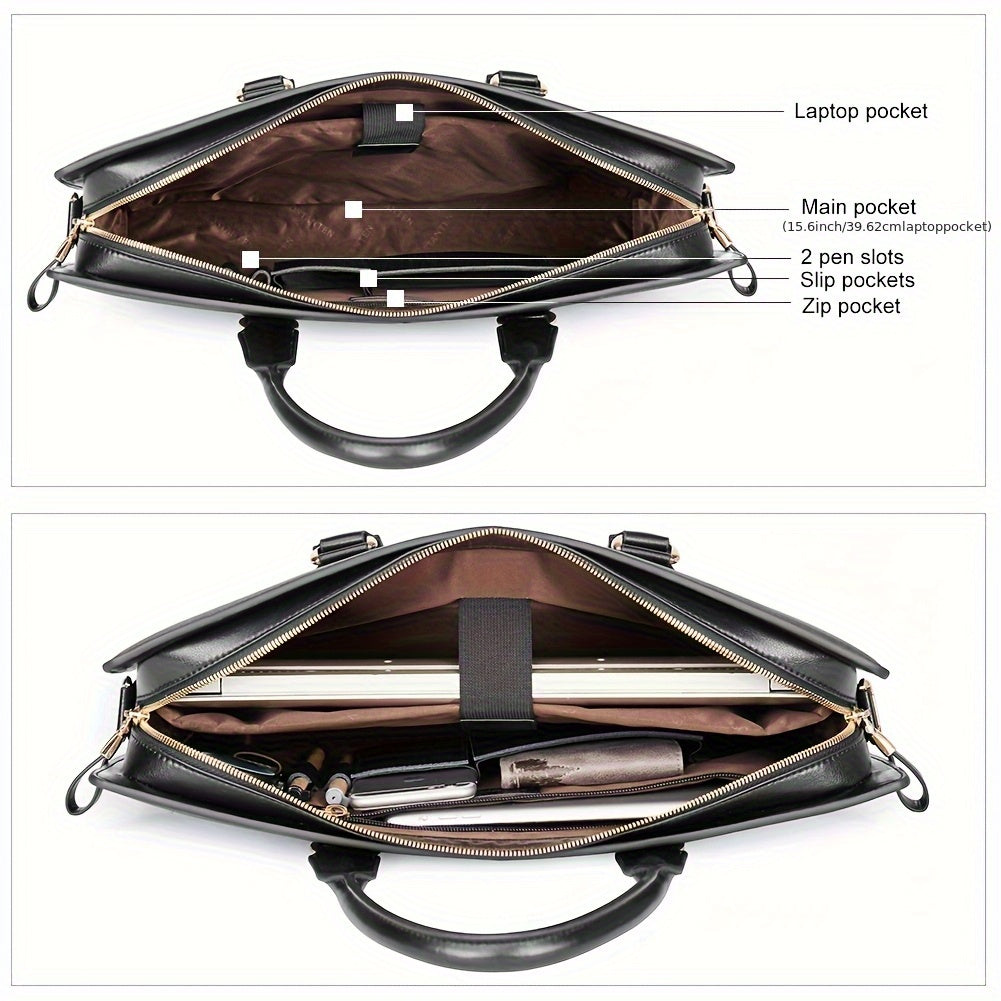 Slim Briefcase Shoulder Laptop Bag for Men & Women - Premium Leather Business Bag with Adjustable Strap, Tablet Compartment & Zipper Closure