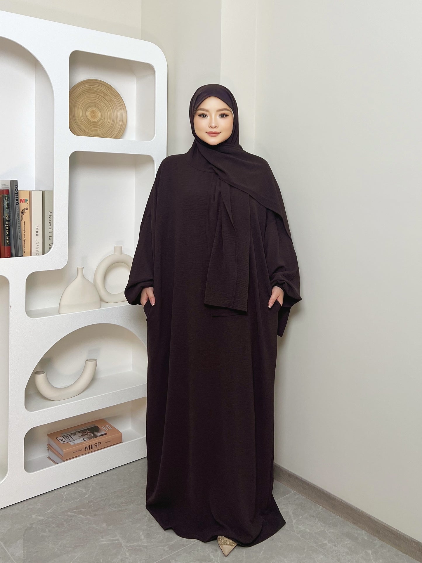 Elegant Crepe Hooded Jibab Abaya Hijab | Modest Long Sleeve Full Coverage Prayer Dress with Attached Scarf & Pockets, Machine Washable Medium Stretch Solid Color