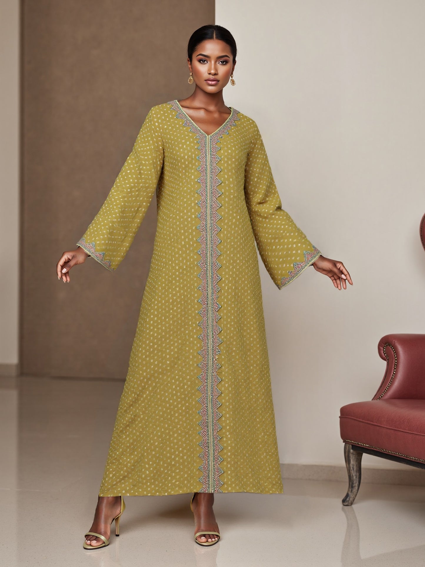 Elegant V-Neck Long Sleeve Baju Abaya Dress for Women - Green & White Polka Dot, Loose Fit with Pockets, Perfect for Daily Wear, Spring/Fall Fashion, Casual Attire | V-neck Dress | Polyester Fabric