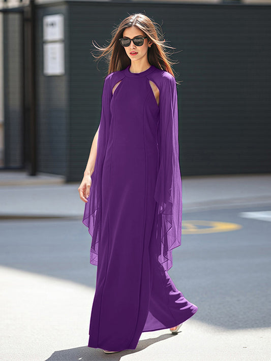 Women's Plus Size Elegant Long Sleeve Cape Split Maxi Evening Abaya Dress - Floor-Length Formal Party Gown, Solid Color Regular Fit All-Season Wear, Hand Wash Only, Cape Dress