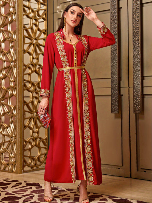 Elegant Red Faux Two-Piece Casual Middle Eastern Abaya Gown Dress for Women - Traditional Attire with Sparkling Rhinestone Embellishments, Lantern Sleeves, and a Belted Waist