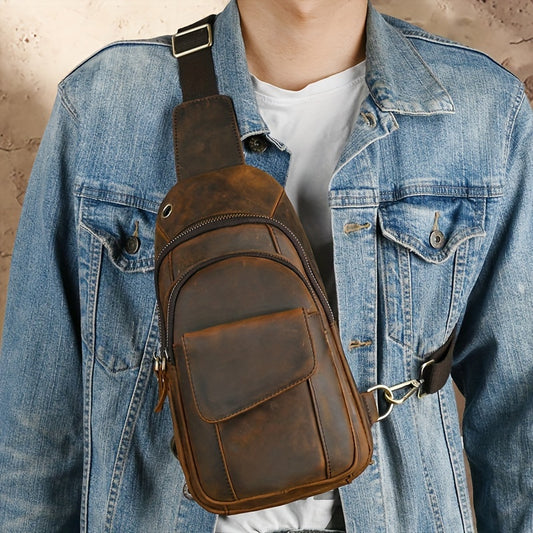 Classic Vintage Multi-functional Casual Chest Bag, Genuine Leather Multi-Layer Sling Bag, Retro Top Layer Cowhide Crossbody Bag
