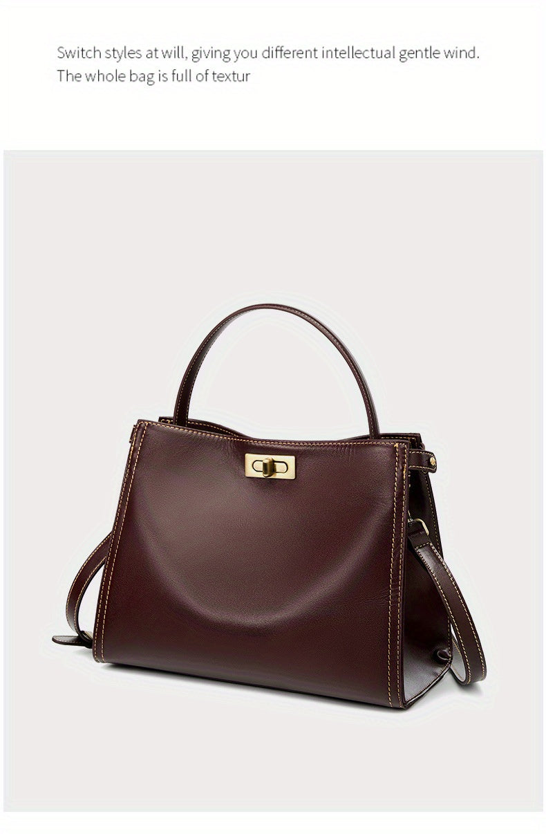 Women's Genuine Leather Crossbody Bag - Retro Minimalist Design with Golden-Tone Clasp Closure, Versatile Commuting & Dating Handbag