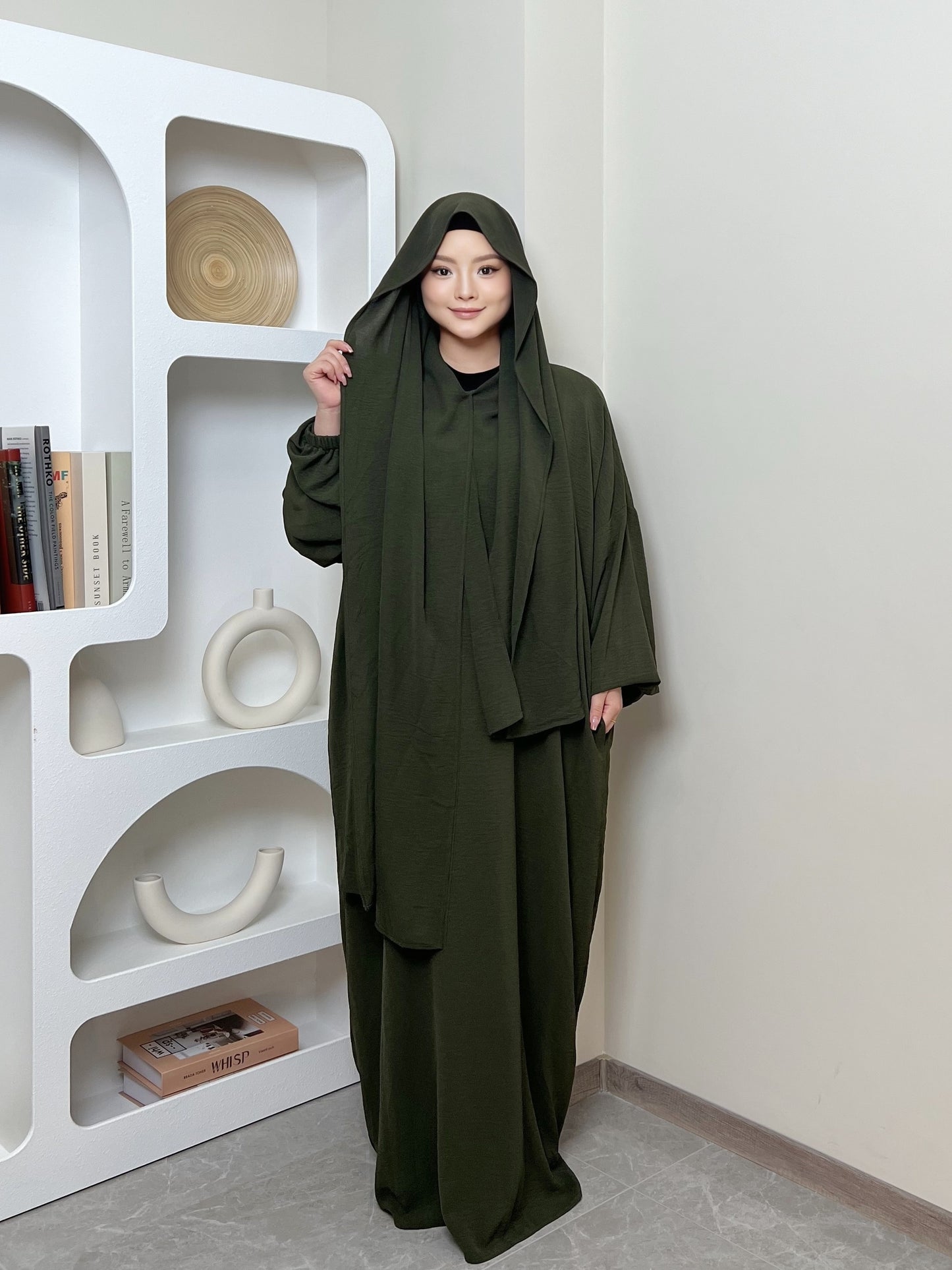 Elegant Crepe Hooded Jibab Abaya Hijab | Modest Long Sleeve Full Coverage Prayer Dress with Attached Scarf & Pockets, Machine Washable Medium Stretch Solid Color
