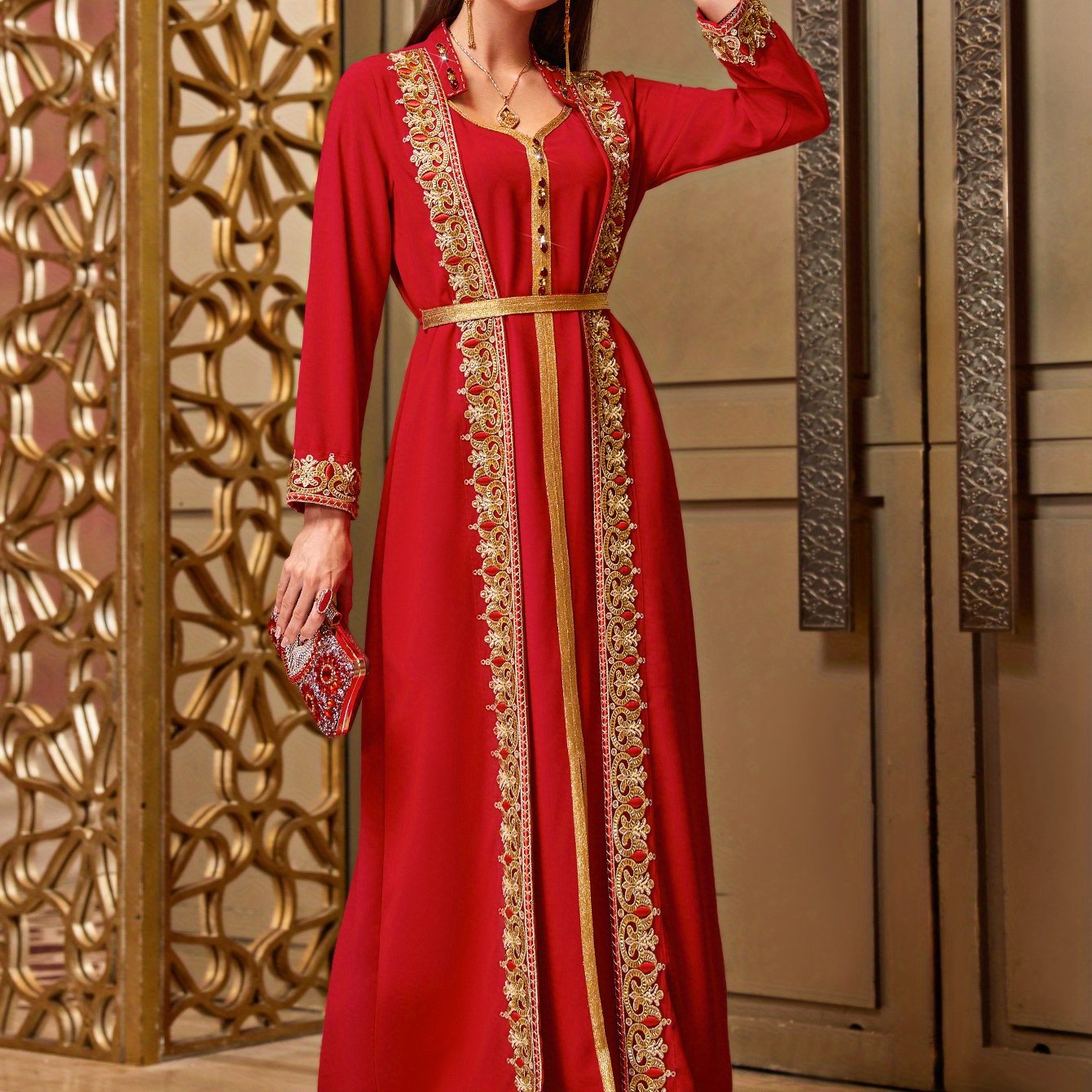 Elegant Red Faux Two-Piece Casual Middle Eastern Abaya Gown Dress for Women - Traditional Attire with Sparkling Rhinestone Embellishments, Lantern Sleeves, and a Belted Waist