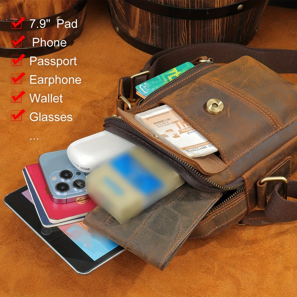 Crazy Horse Leather Shoulder Bag For Men, Fashionable Sling Bag For 7.9-in Tablet, Retro Crossbody Bag For Hanging Out & Daily Commute