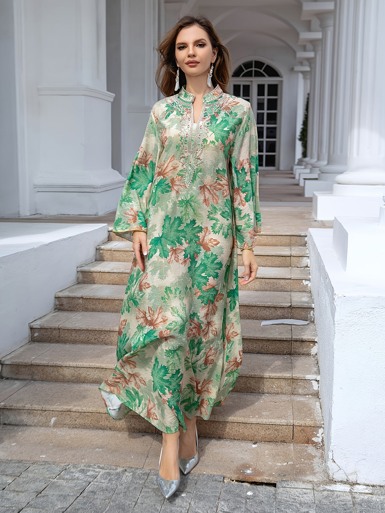 Women's Elegant Floral Baju Abaya Dress - Long Maxi robe with Flowy Loose Fit, Beige & Orange Floral Print Formal & Everyday Islamic Dress - Machine Washable Muslim Wedding Guest Outfit