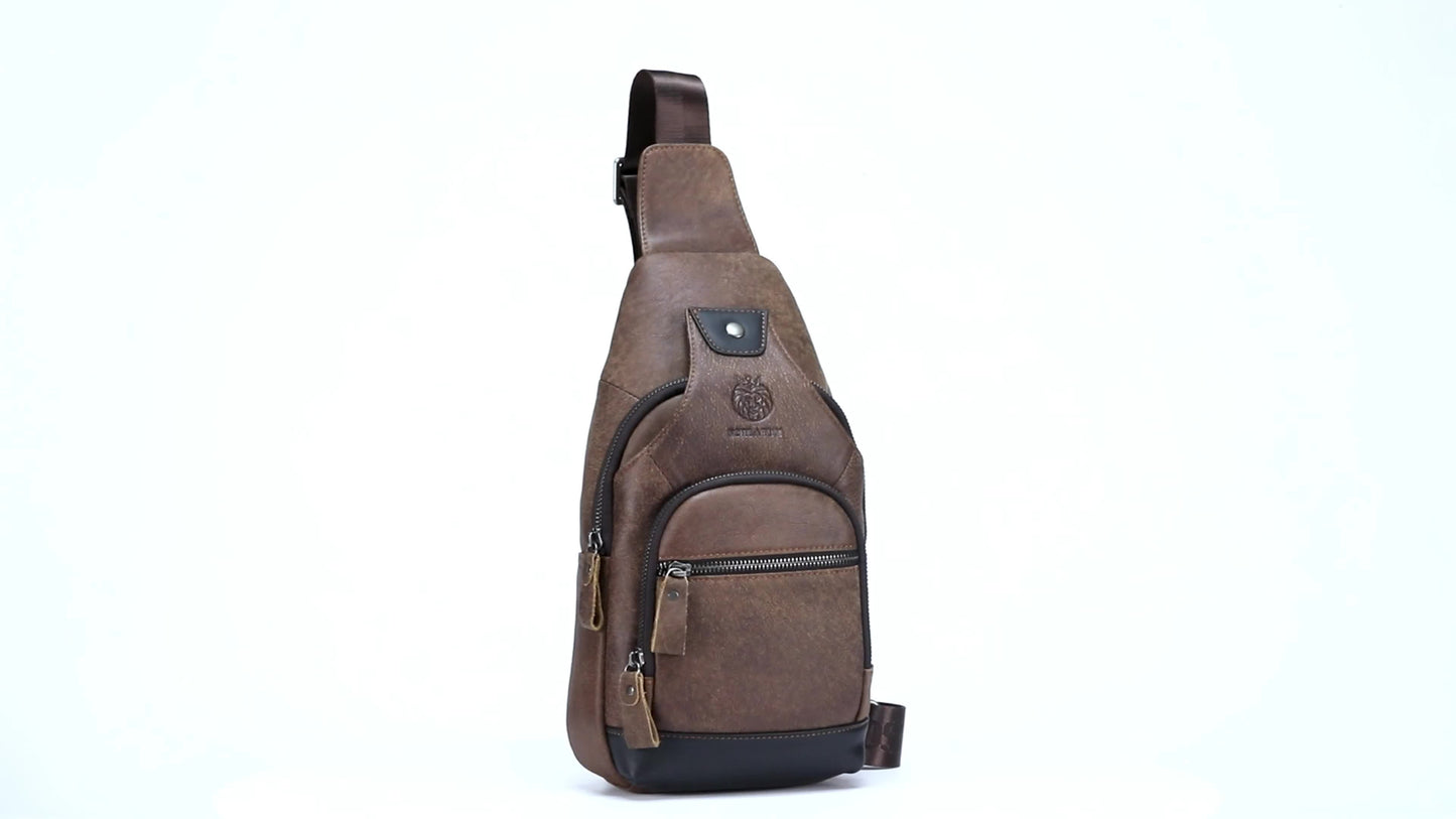 Genuine Top-Grain Leather Sling Bag - Casual Chest Pack for Men and Women, Crossbody Shoulder Daypack with Zipper Closure