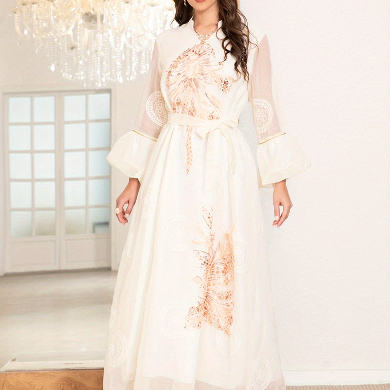 Elegant style High collar Jacquard Dots Embroidery Lantern sleeve Kaftan Baju Abaya