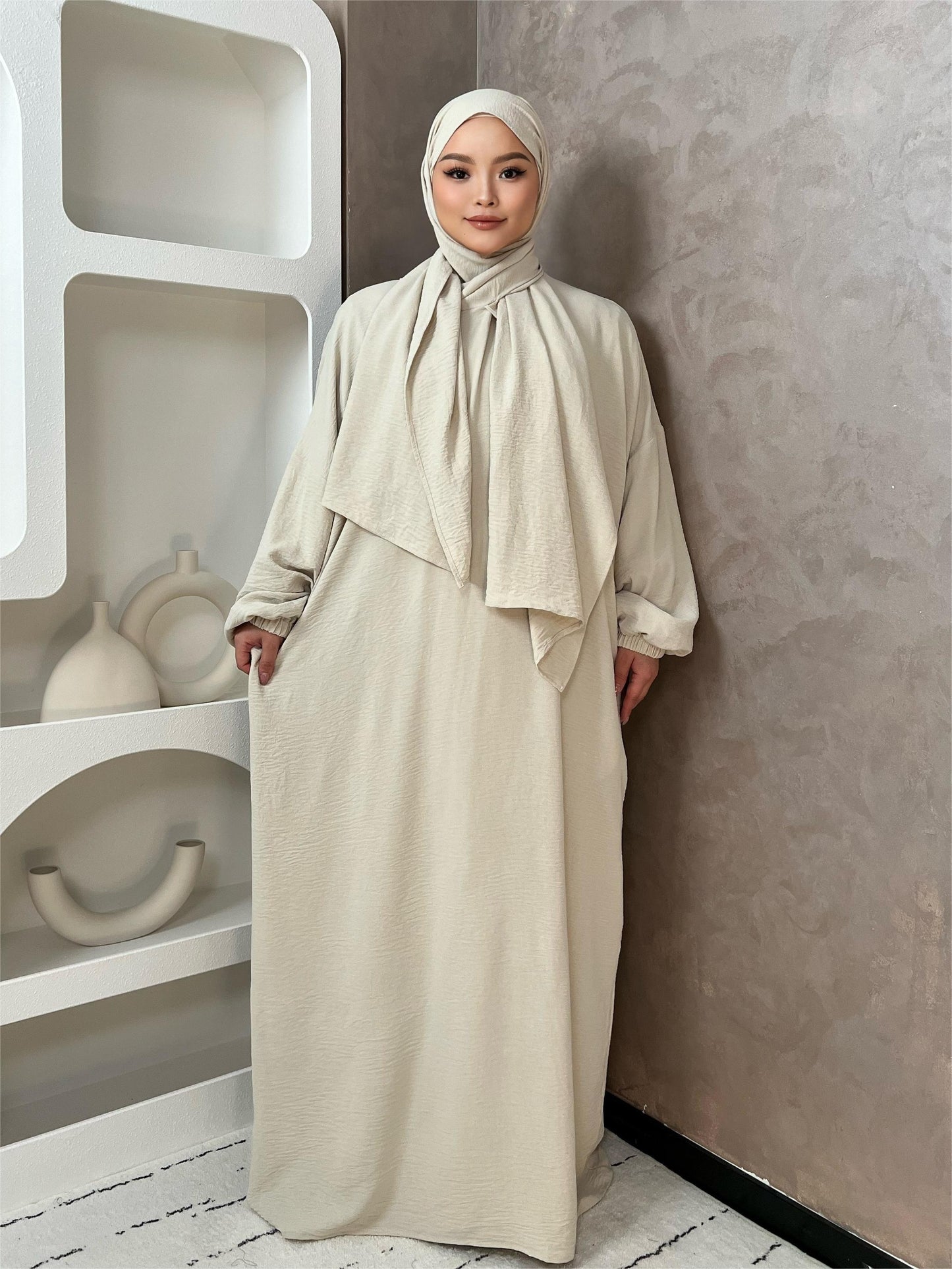 Elegant Crepe Hooded Jibab Abaya Hijab | Modest Long Sleeve Full Coverage Prayer Dress with Attached Scarf & Pockets, Machine Washable Medium Stretch Solid Color