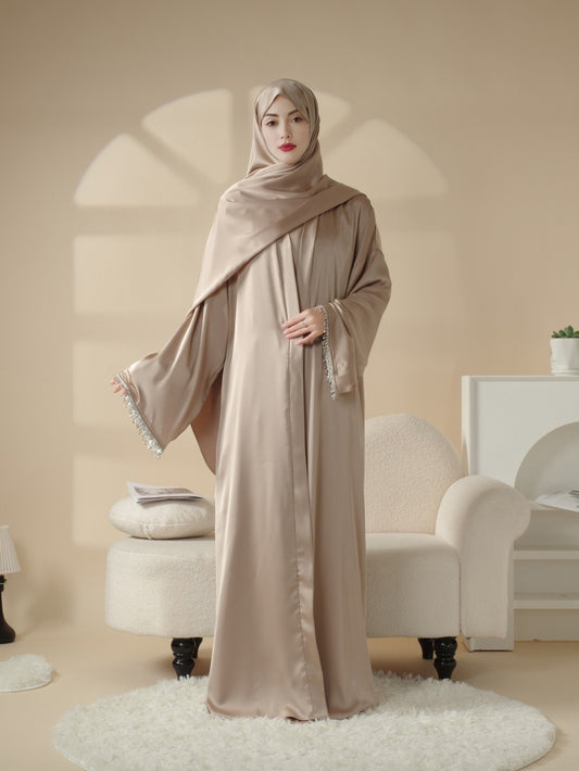 4pcs Satin Diamond Tassel Emirati Abaya Set Eid Al Adha, Abaya Muslim Women's Ramadan Iftar Eid Al Adha Iftar Holy Commemoration Prayer Garment Long Robe Gown Global Spring Summer