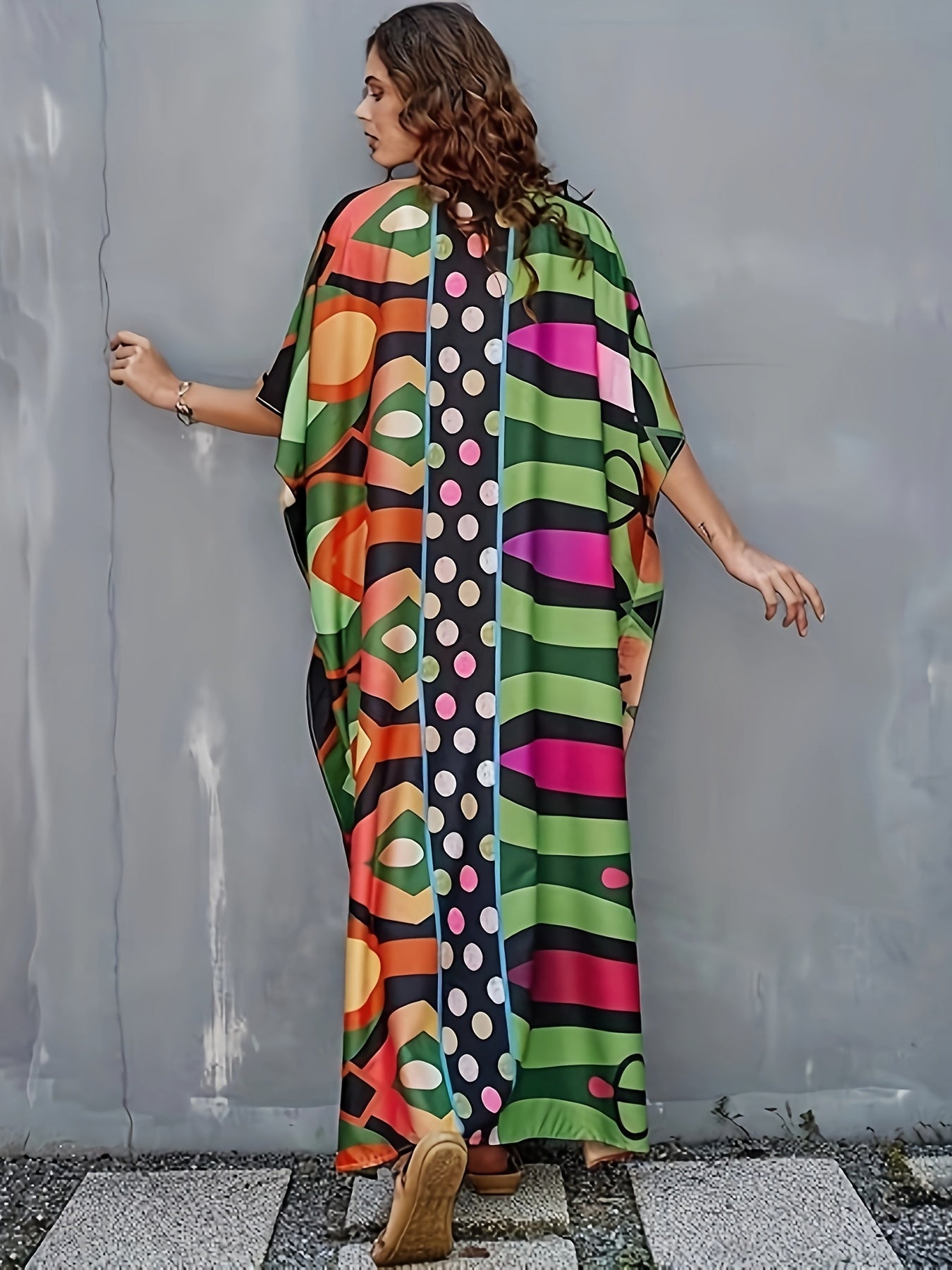 Kaftan Dresses for Women, V-Neck Print Beach Kaftan Swimsuit Cover Ups with Bow-Knot