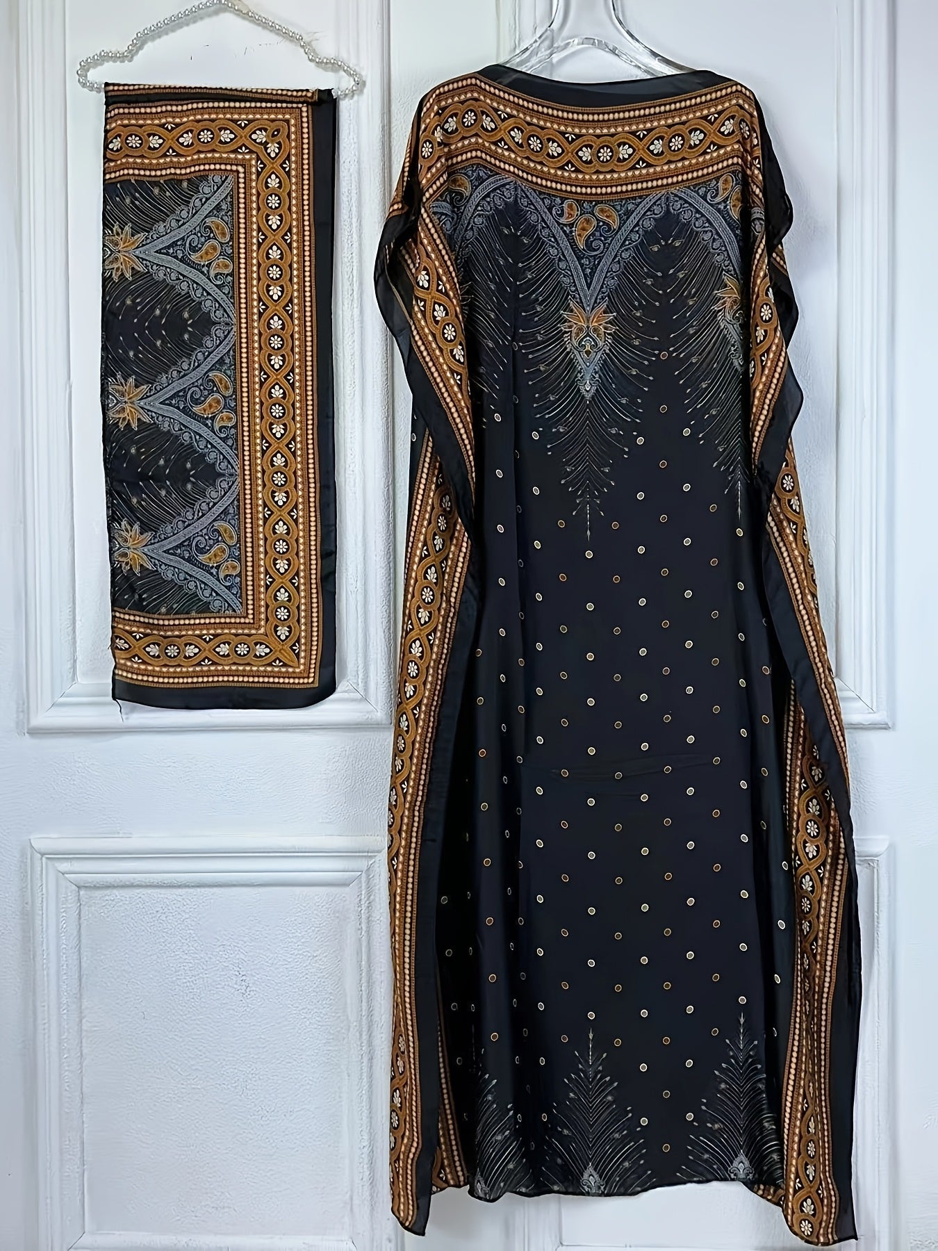 Women's Elegant Short Sleeve Loose Fit Long Dress - Traditional Middle Eastern Baju Abaya with All-Over Floral Print, Adjustable Waist Belt & Boat Neck Scarf - Breathable Machine-Washable