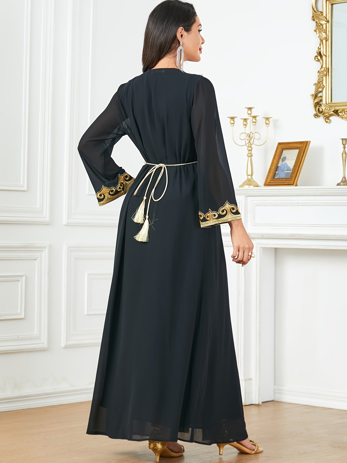 New Middle Eastern Emirati Abaya Dress + Cardigan Lace Embroidery Long Sleeve Two-Piece Robe Dress