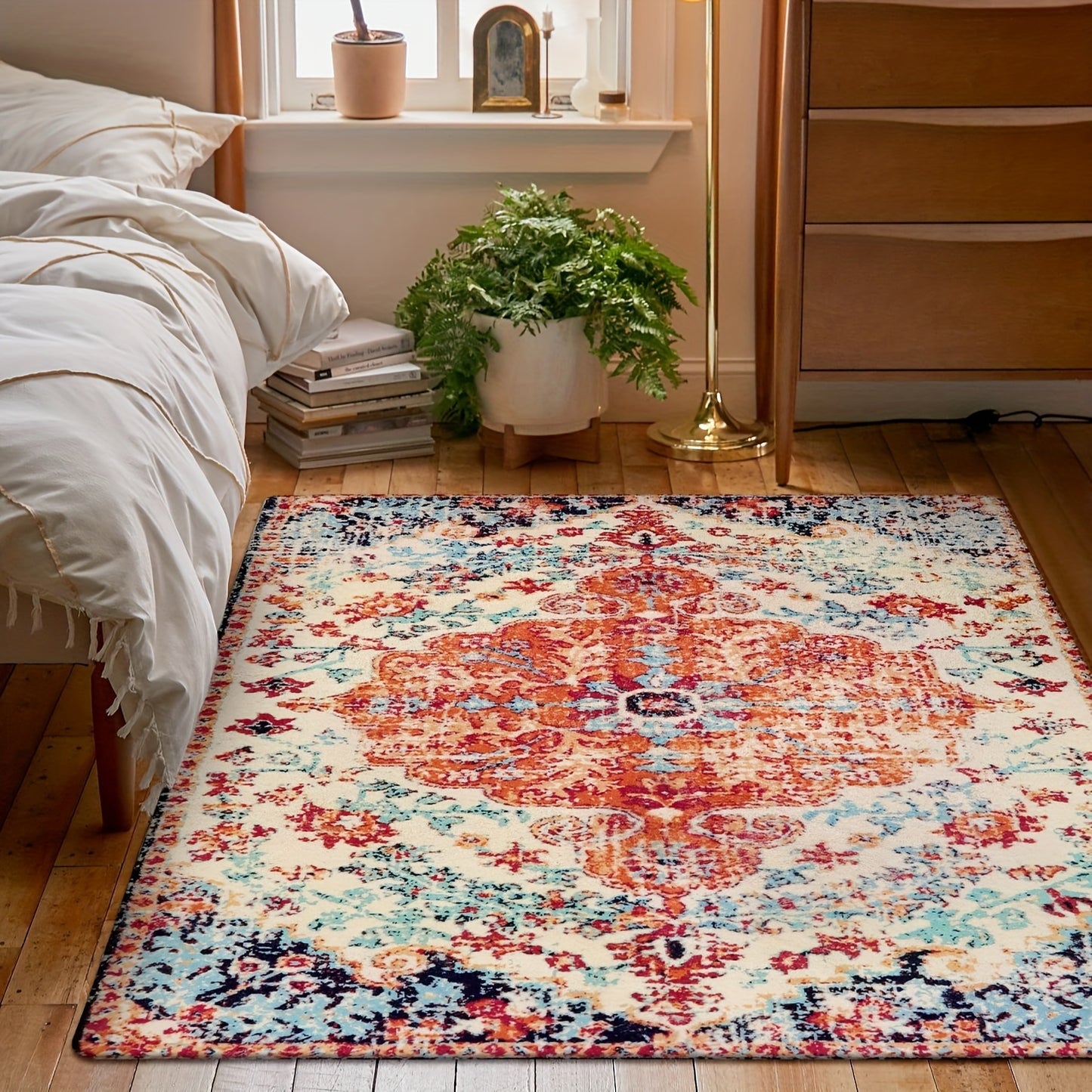 Bohemian Floral Medallion Area Rug - Oriental Distressed Bedroom Arabian Carpet Country Vintage Faux Wool Indoor Throw Mat Non-Slip Washable Low-Pile Carpet For Bathroom Living Kitchen Laundry Room