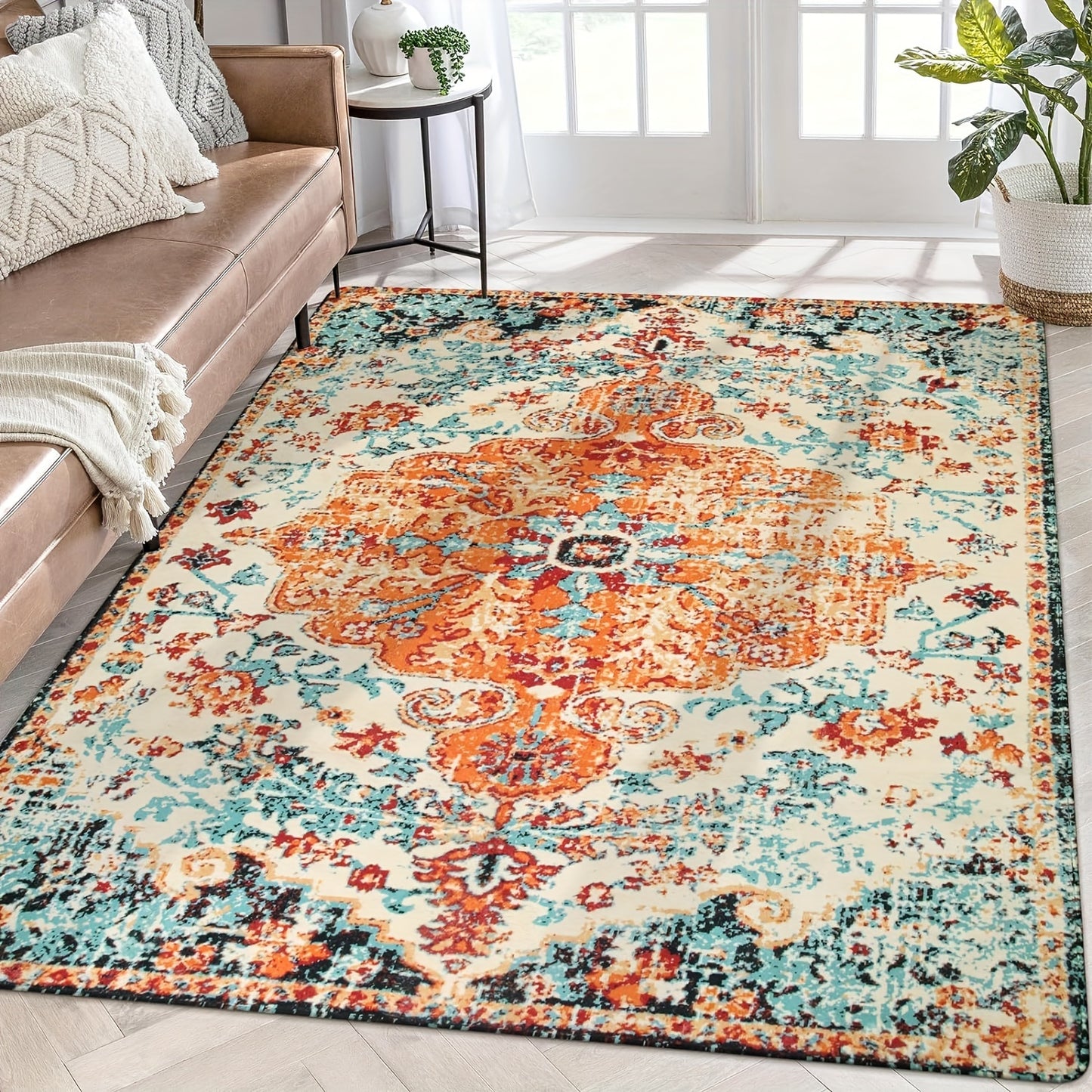 Bohemian Floral Medallion Area Rug - Oriental Distressed Bedroom Arabian Carpet Country Vintage Faux Wool Indoor Throw Mat Non-Slip Washable Low-Pile Carpet For Bathroom Living Kitchen Laundry Room