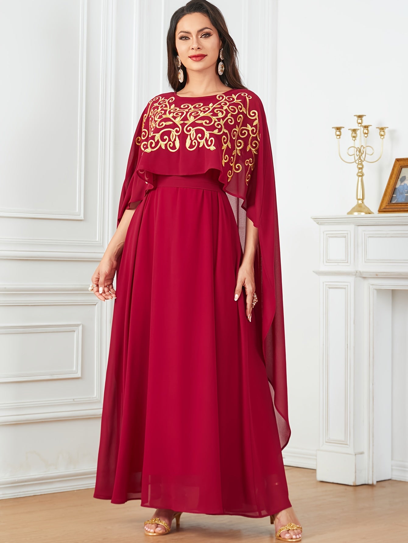 Stylish Long Cape with Lace Edge and Embroidery, Two-piece Set, Robe with Waistband and Body-hugging Abaya Dress