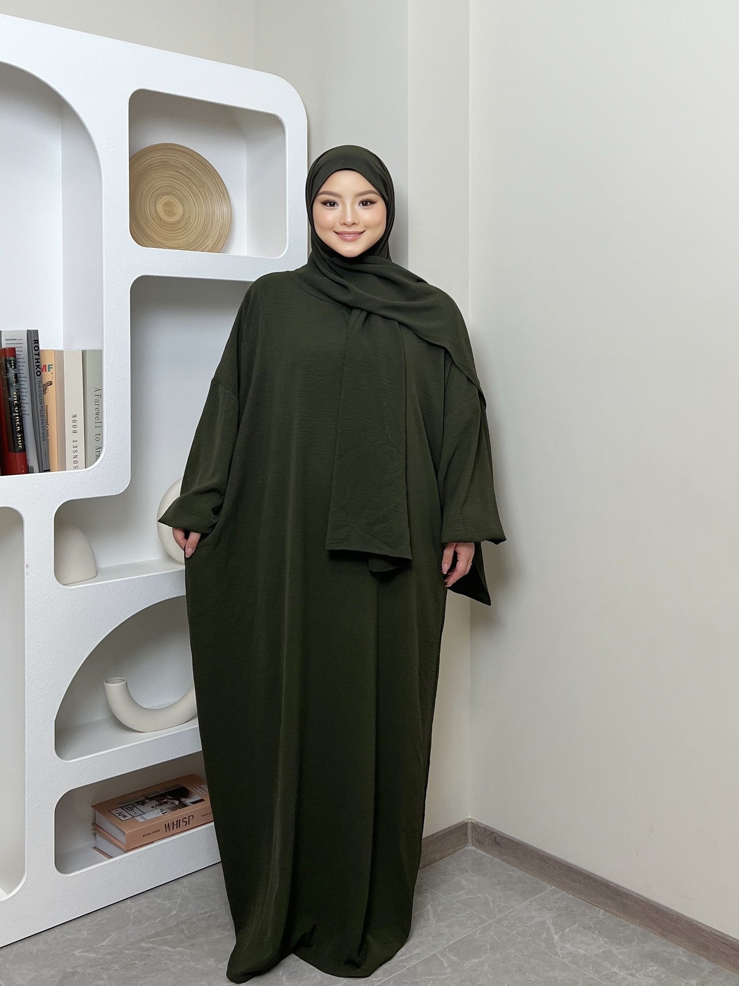 Elegant Crepe Hooded Jibab Abaya Hijab | Modest Long Sleeve Full Coverage Prayer Dress with Attached Scarf & Pockets, Machine Washable Medium Stretch Solid Color