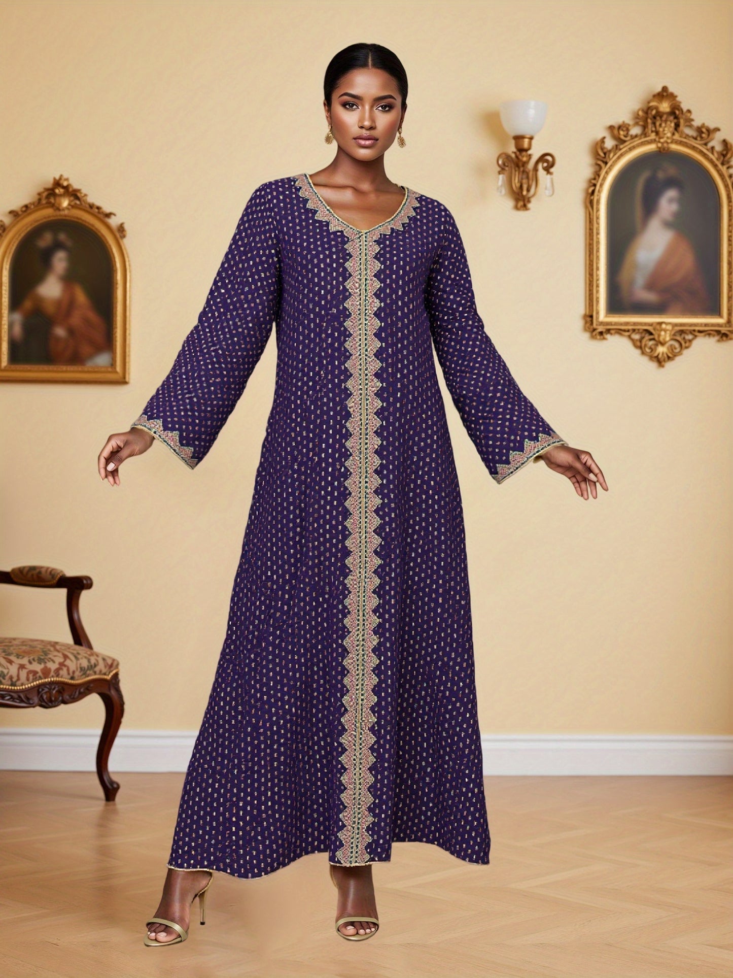 Elegant V-Neck Long Sleeve Baju Abaya Dress for Women - Green & White Polka Dot, Loose Fit with Pockets, Perfect for Daily Wear, Spring/Fall Fashion, Casual Attire | V-neck Dress | Polyester Fabric