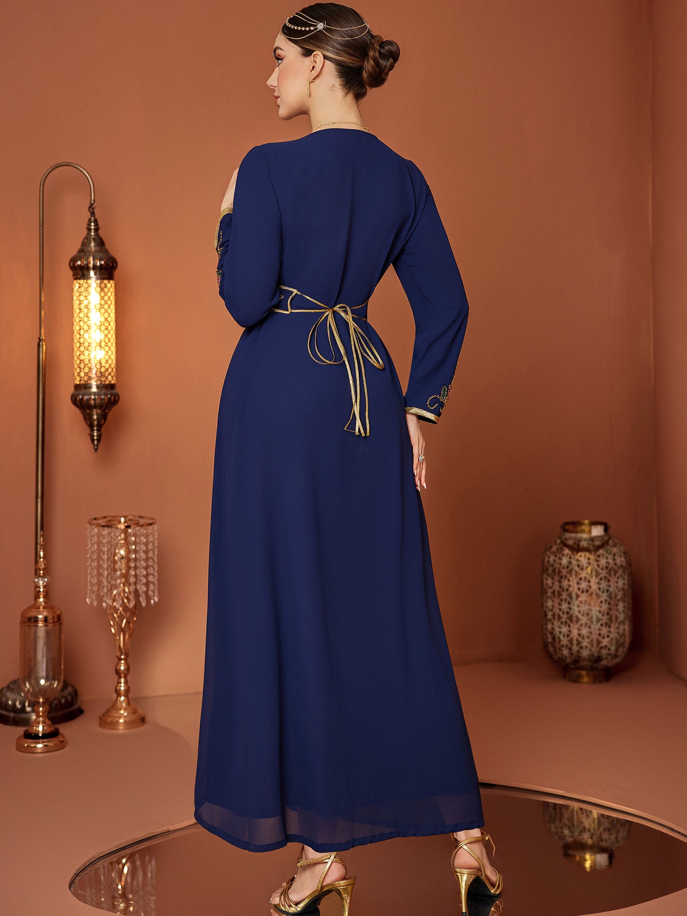 Elegant Navy Blue Embroidered Abaya Dress with Golden Accents and Belt - Long Sleeve, V-Neck, POLYESTER, Perfect for Spring/Summer, Women's Fashion,