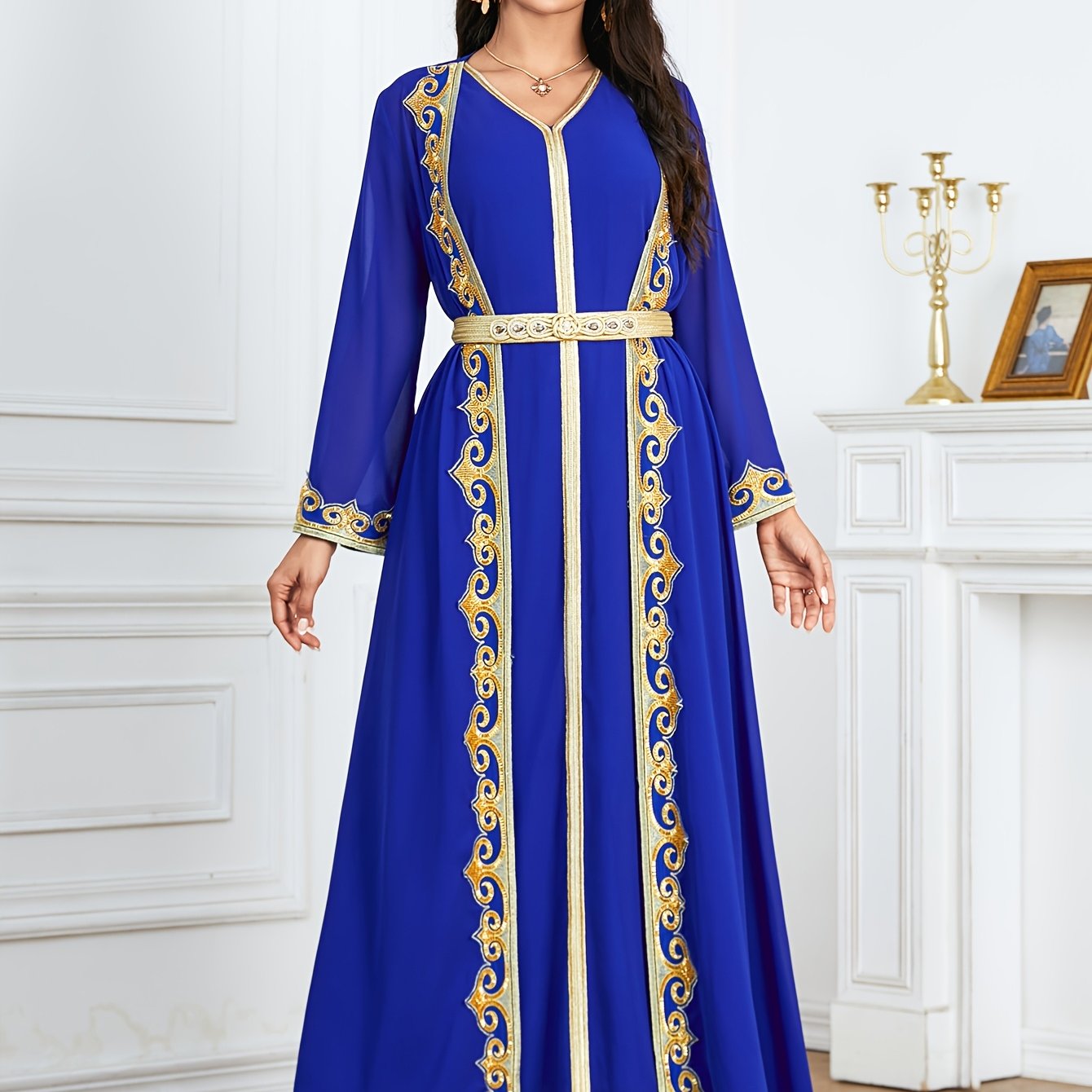 New Middle Eastern Emirati Abaya Dress + Cardigan Lace Embroidery Long Sleeve Two-Piece Robe Dress