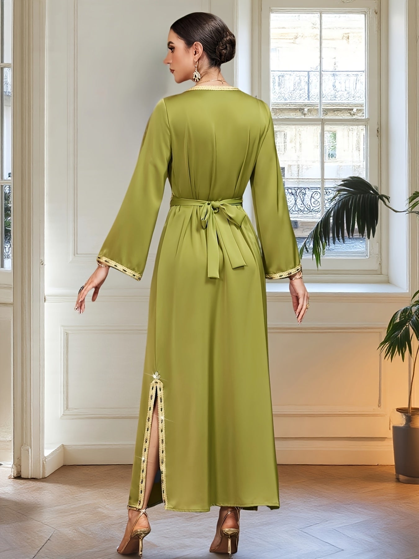 Women's Olive Green Emirati Abaya Gown with Sparkling Rhinestone Embellishments, Long Sleeves, and Belted Waist - Elegant Floor-Length Dress for Spring/Summer, Polyester Blend, Machine Washable