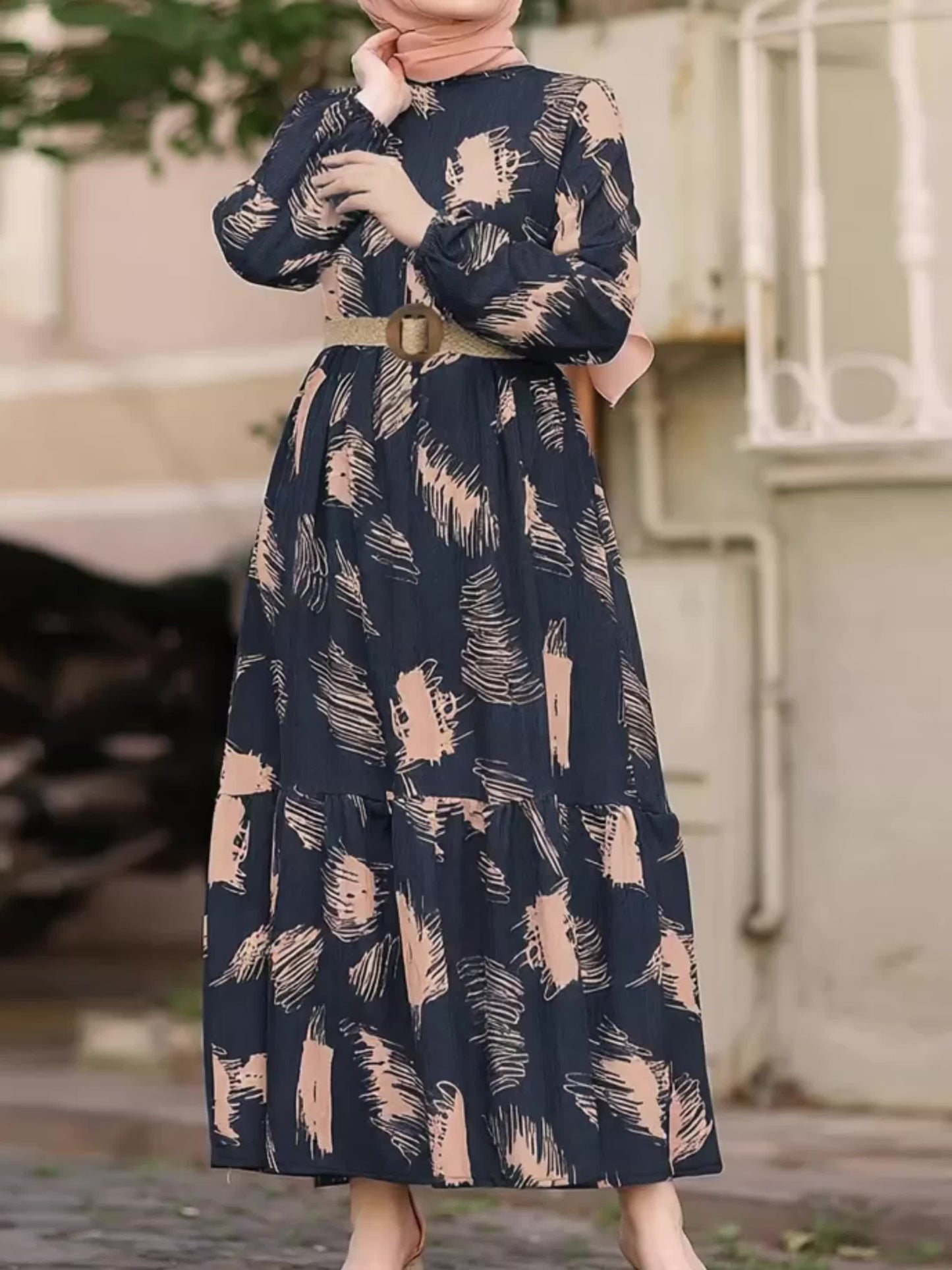 Ramadan Casual Long Sleeve Maxi Kaftan Abaya | Women's All Over Print Crew Neck Dress