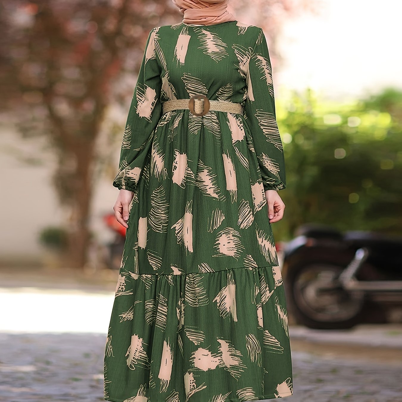 Ramadan Casual Long Sleeve Maxi Kaftan Abaya | Women's All Over Print Crew Neck Dress