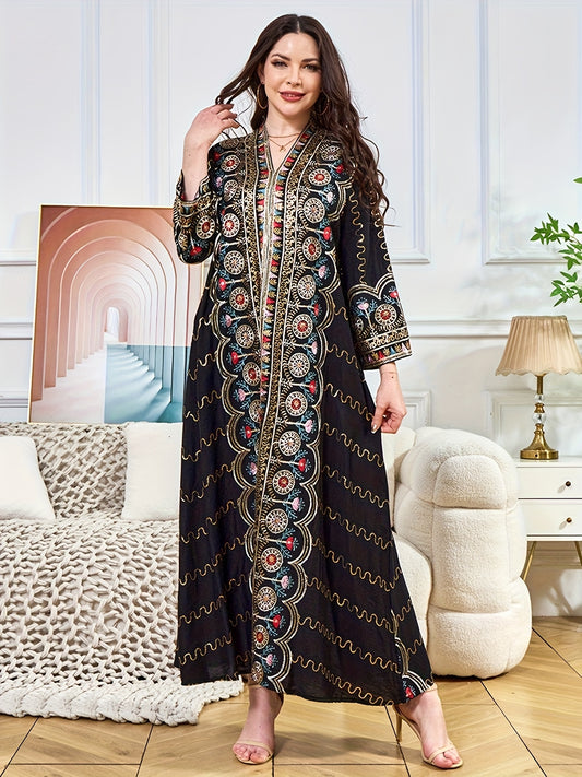 Middle East Autumn-Winter New Arrival: Stylish Muslim Black Dress with Beaded V-Neck, Loose Fit Party Evening Gown for Women – Turkish Design Long Abaya