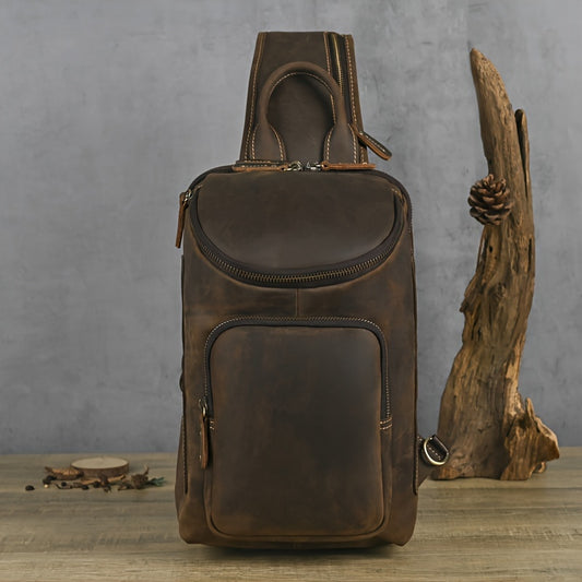 Men's Vintage Genuine Leather Chest Bag - Casual Top Layer Cowhide Sling Crossbody Backpack, Breathable Large Capacity, Daily Commute Splicing Shoulder Bag with Zipper Closure