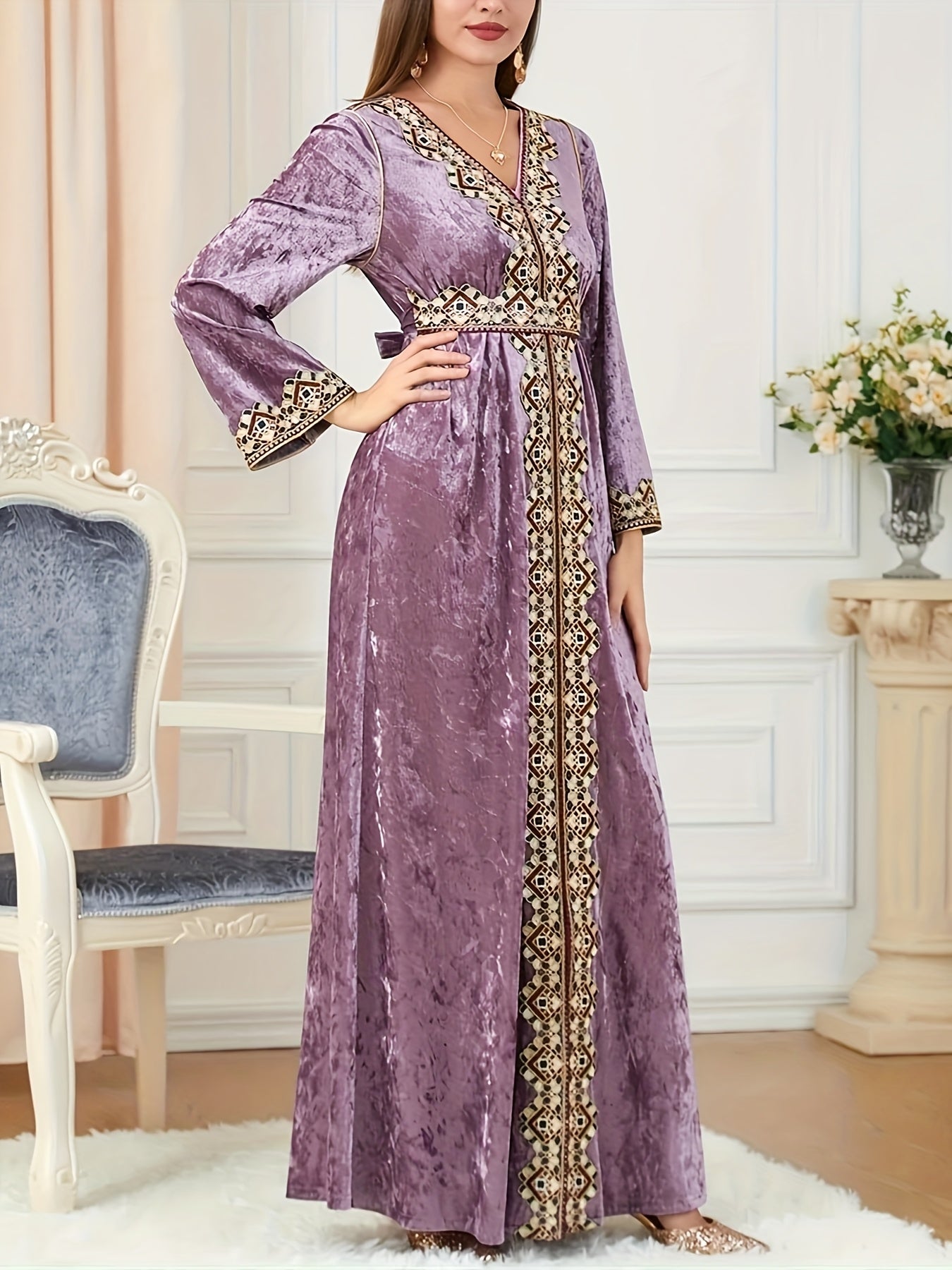 Women's Muslim Velvet Embroidered Abaya with Long Sleeves, V-Neck Moroccan Party Kaftan, Turkish Arabic Maxi Dress.