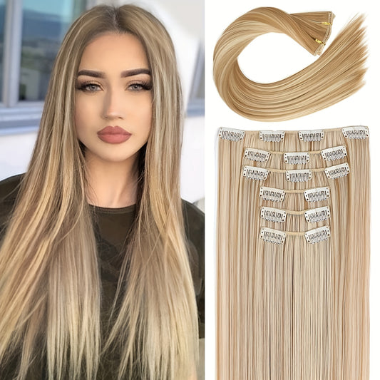 24-Inch Synthetic Hair Extensions - 6pcs, Balayage Pale Golden Honey Blonde, Soft Double Weft
