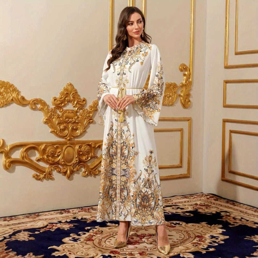 Women's Elegant Middle Eastern Dubai Baju Abaya Dress - Luxurious Golden Floral Print & Lace-like Sleeve Design, Floor-Length Evening Gown with Modest Coverage for Weddings