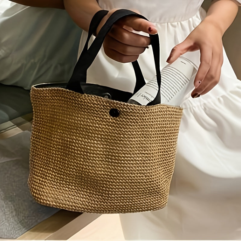 Women's Fashion Woven Tote Handbag | Summer Beach Bag | Casual Vacation Accessory | Fabric Lining | Buckle Closure