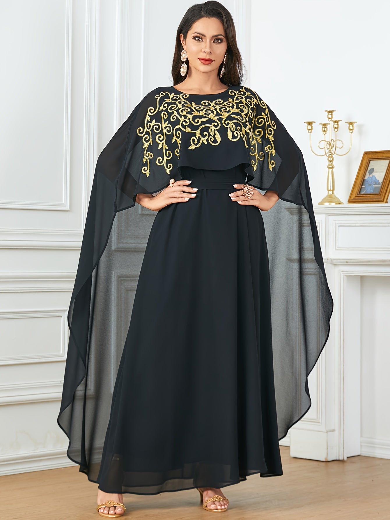 Stylish Long Cape with Lace Edge and Embroidery, Two-piece Set, Robe with Waistband and Body-hugging Abaya Dress