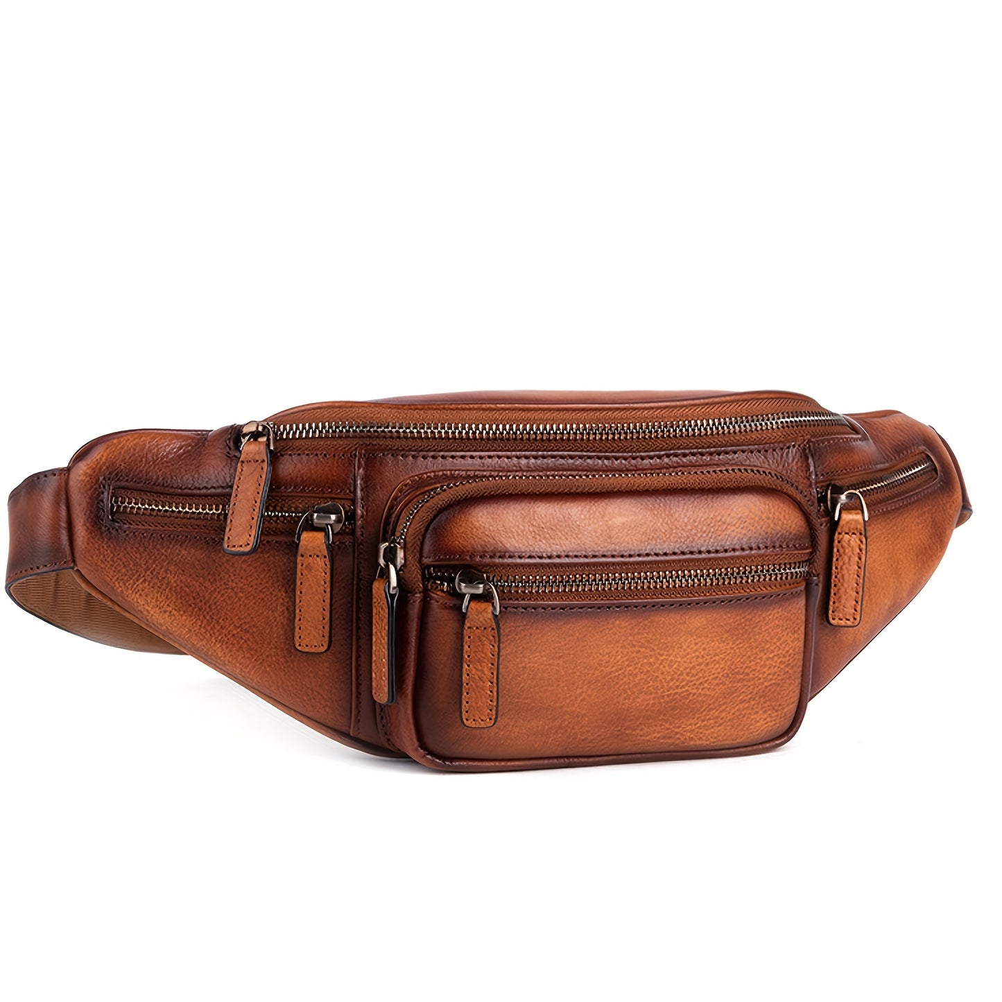 Premium Genuine Leather Fanny Pack for Men & Women - Adjustable Sling Bag with Multiple Zipper Pockets, Brown Leather Crossbody Chest Bag