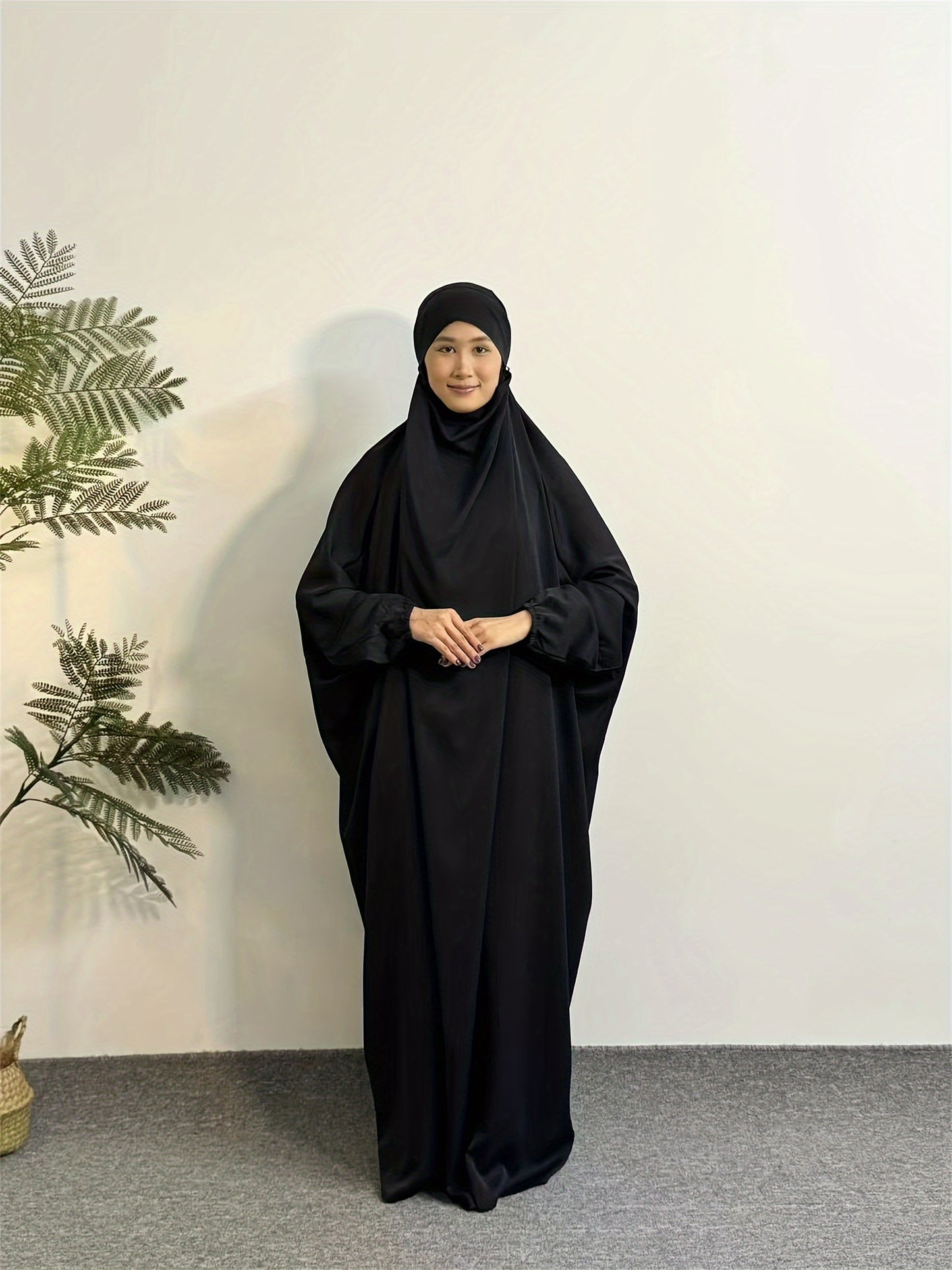 Elegant Black Hijab Dress for Women - Long Sleeve Smocked Abaya Kaftan with Hooded Prayer Abaya Burqa, Polyester Islamic Modest Clothing for Ramadan & Daily Wear