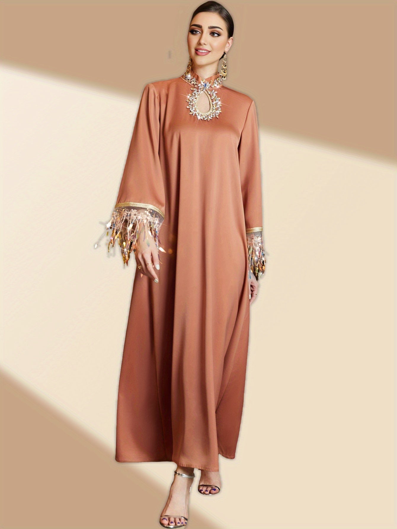 1pc Elegant Solid Color Polyester Maxi Dress with Rhinestone Detailing and Tassel Fringe, Long Sleeve Butterfly Abaya, Woven All-Season Gown