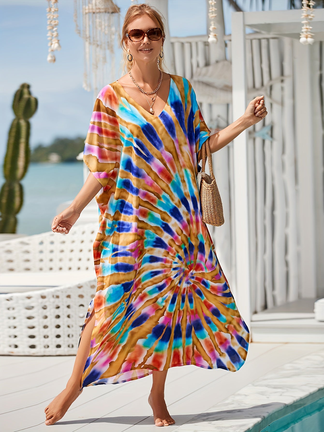 Women's Casual Long Beach Cover Up Shirt with V-Neck and Side Slit Bikini Sun Protection Shirt Kaftan Dress Swimsuit Cover Up