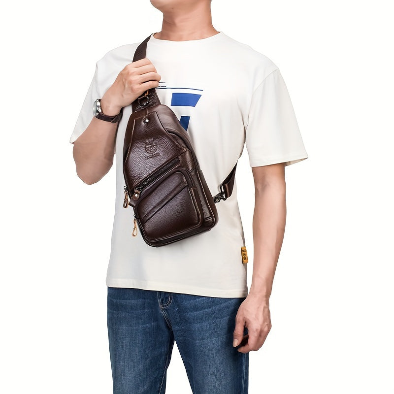 Men's Top Layer Cowhide Sling Bag, Genuine Leather Crossbody Bag, Retro Fashion Commuter Bag Multi-functional Travel Slant Shoulder Bag