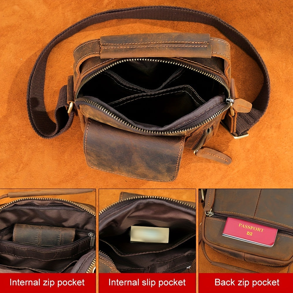 Crazy Horse Leather Shoulder Bag For Men, Fashionable Sling Bag For 7.9-in Tablet, Retro Crossbody Bag For Hanging Out & Daily Commute