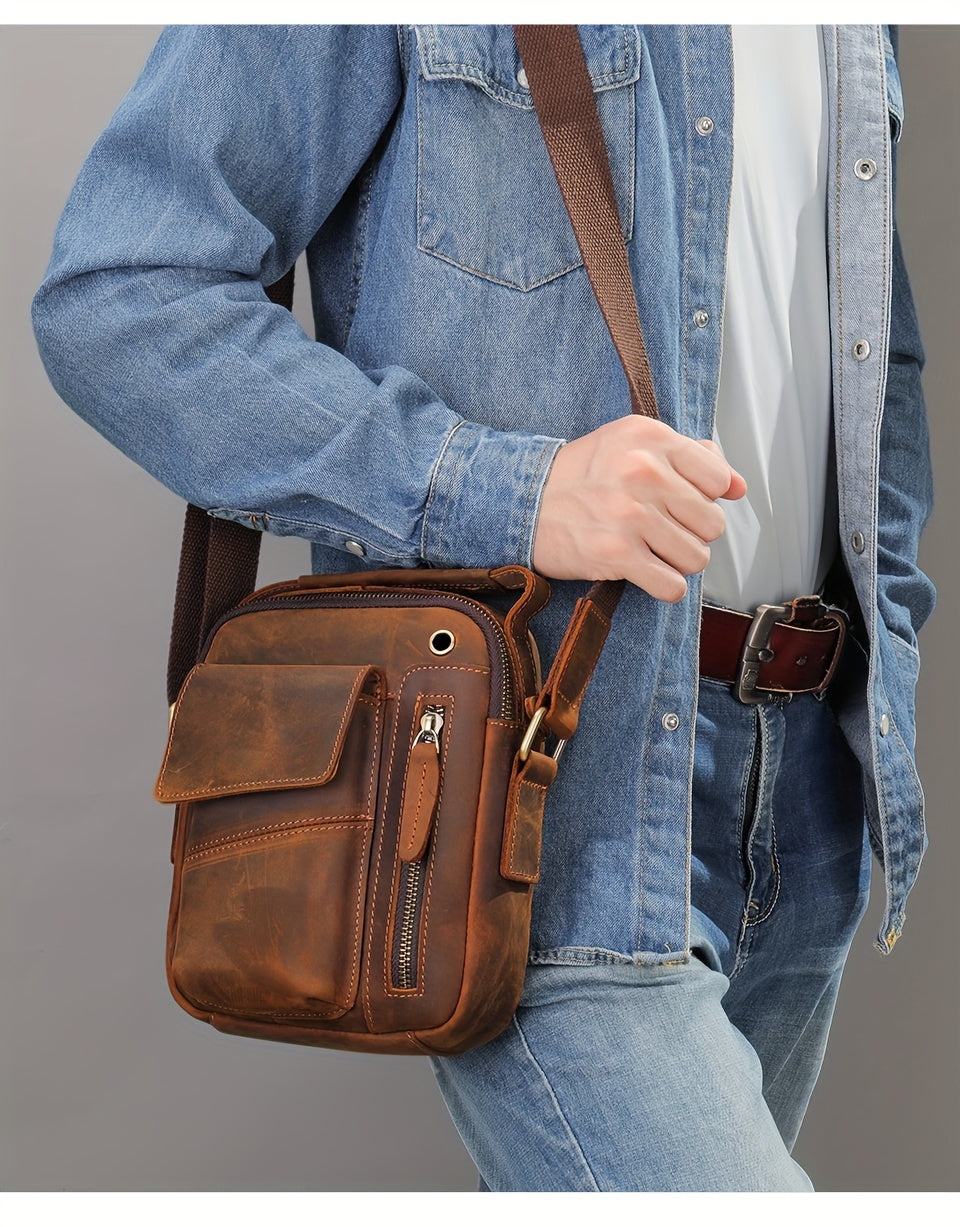 Crazy Horse Leather Shoulder Bag For Men, Fashionable Sling Bag For 7.9-in Tablet, Retro Crossbody Bag For Hanging Out & Daily Commute