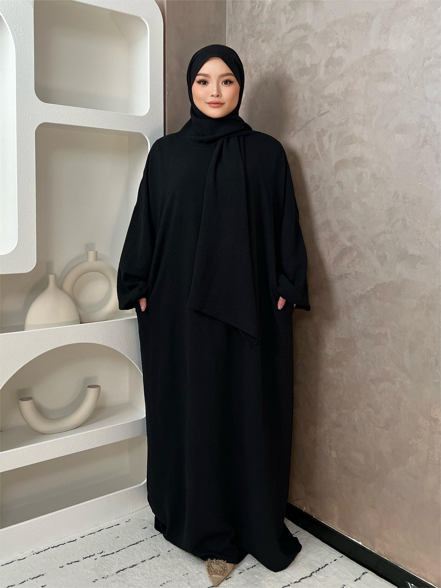 Elegant Crepe Hooded Jibab Abaya Hijab | Modest Long Sleeve Full Coverage Prayer Dress with Attached Scarf & Pockets, Machine Washable Medium Stretch Solid Color