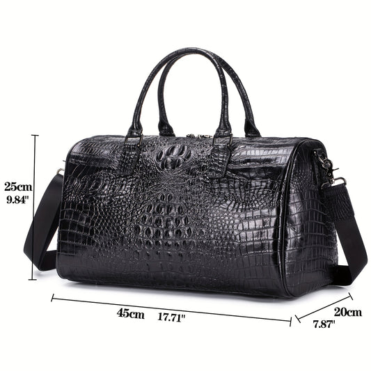 Large Capacity Genuine Leather Travel Duffel Bag with Crocodile Texture – Black, Shoulder & Crossbody Strap, Premium Genuine Leather Handbag for Casual Use