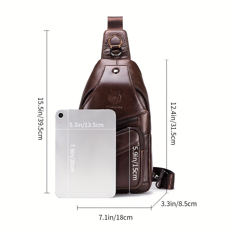 Men's Top Layer Cowhide Sling Bag, Genuine Leather Crossbody Bag, Retro Fashion Commuter Bag Multi-functional Travel Slant Shoulder Bag