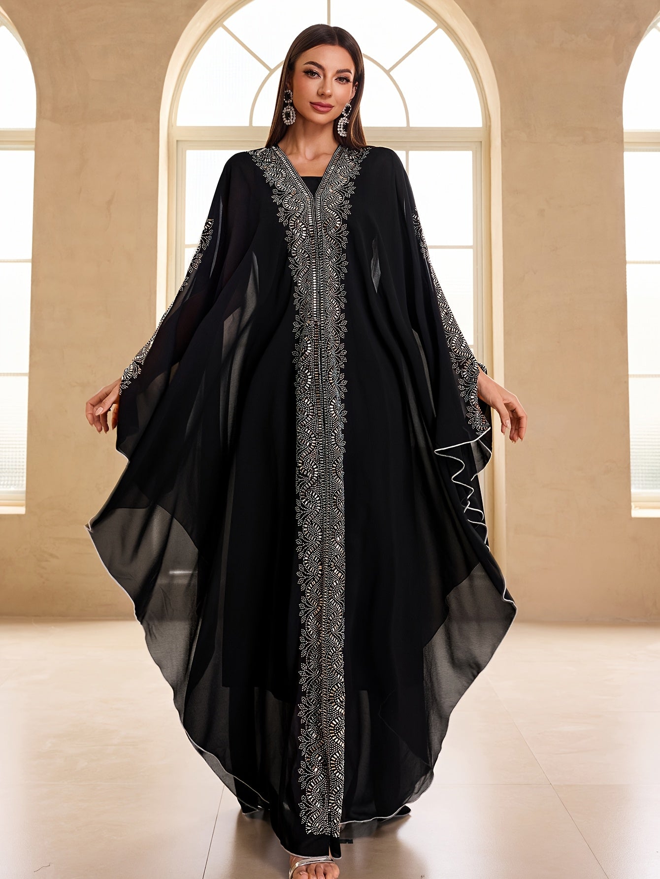 Women Modest Festival Abaya Dress Arabic Style Rhinestone Chiffon V-Neck 2pcs Set Prom Party Long Dress Turkish Style Hooded Long Sleeve Dress Kaftan Arabian Dress