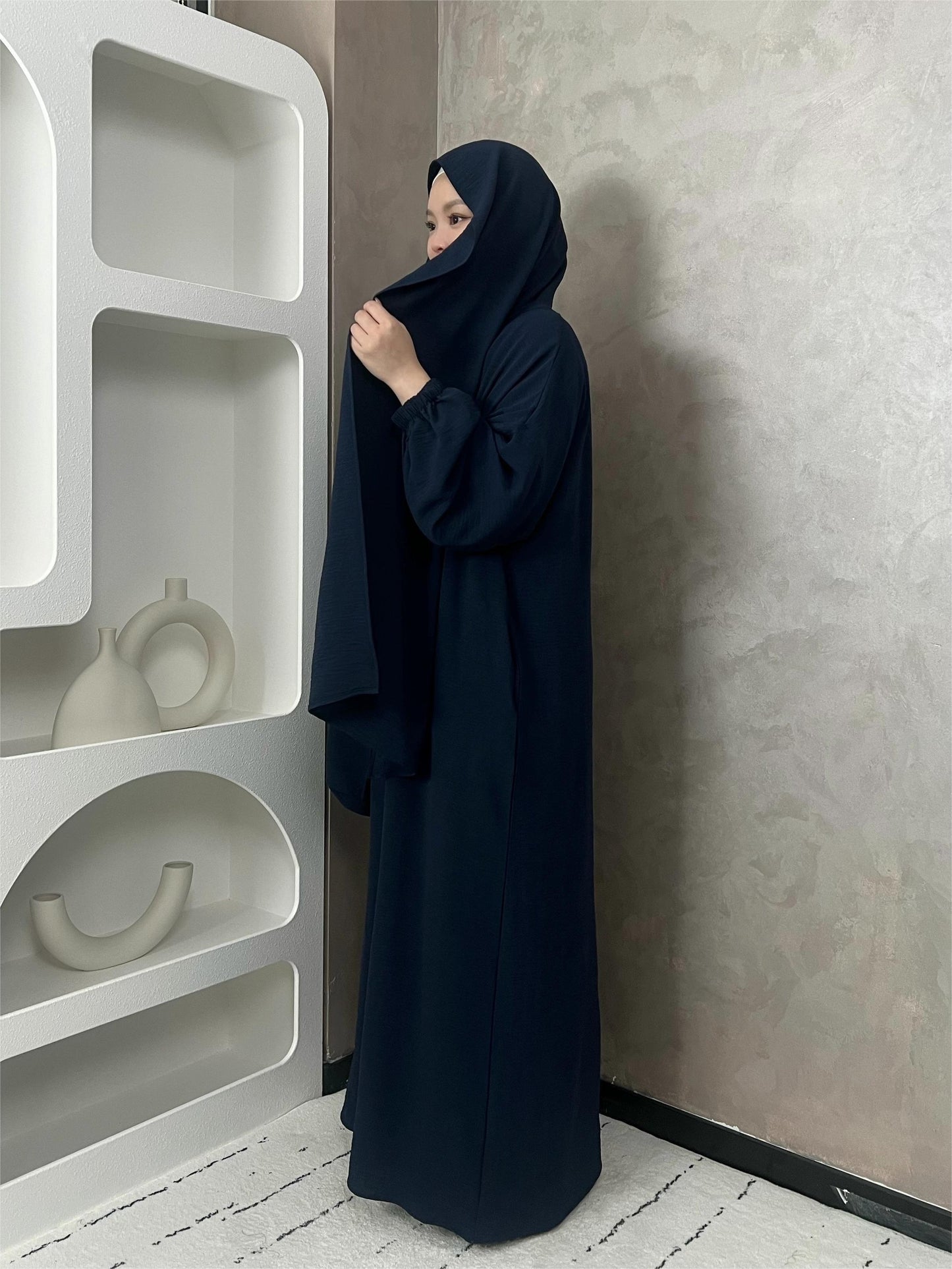 Elegant Crepe Hooded Jibab Abaya Hijab | Modest Long Sleeve Full Coverage Prayer Dress with Attached Scarf & Pockets, Machine Washable Medium Stretch Solid Color
